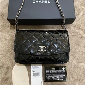 CHANEL Wallet on Chain WOC Black Patent Leather